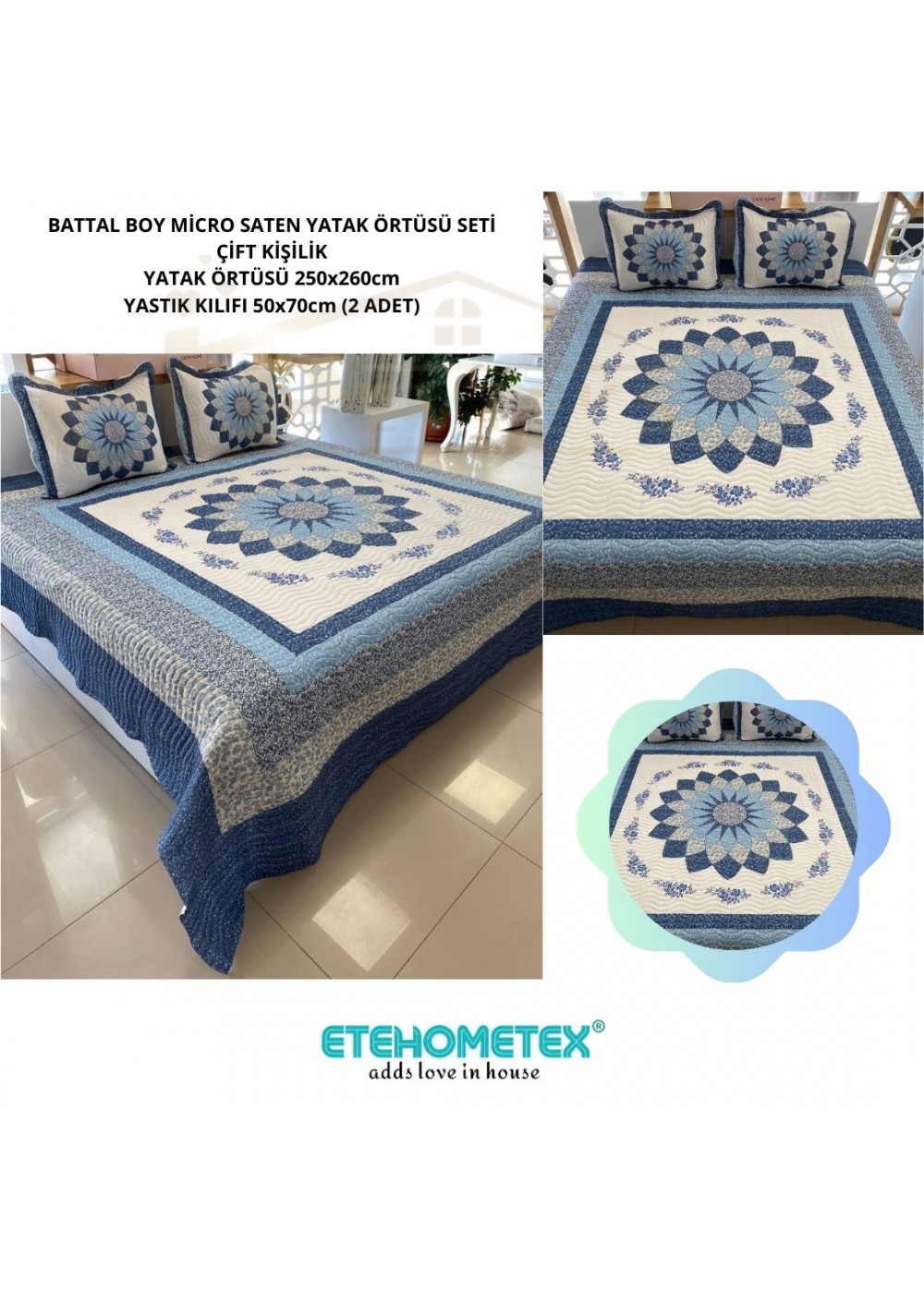 ETEHOMETEX ÇİFT KİŞİLİK KAPİTONELİ YATAK ÖRTÜSÜ SETİ GLORİA MAVİ 8696474231892 ETEHOMETEX ÇİFT KİŞİLİK KAPİTONELİ YATAK ÖRTÜSÜ SETİ GLORİA MAVİ 8696474231892